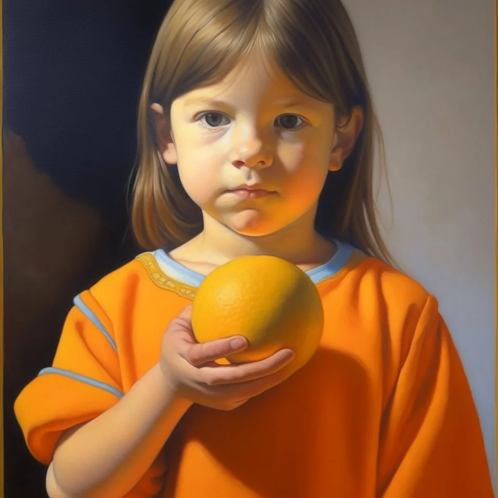 Neoclassicism child holding an orange painting yellow realistic cote d'azur