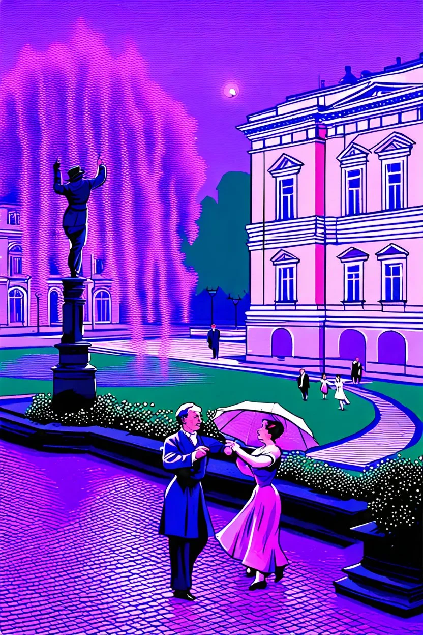 The time is 1943. The old Moscow courtyard of the early 20th century in the style of the Stalinist world, with a lilac branch in the foreground, it is raining lightly and raindrops are flowing down a lush lilac branch. In the back there is a middle-aged Couple dancing a classical dance together against the backdrop of the Moscow Bolshoi Theater. The image is of extra quality and sharpness