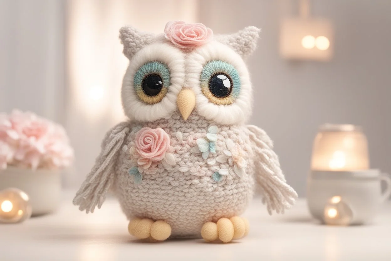 cute chibi plushy fluffy knitted and embroidered natural colored owl with cake in a kitchen, feathers, iridescent flowers incorporated, light emitting, bioluminescent holographic room, silver foil, sparkling diamonds, holographic raw pearls, ethereal, cinematic postprocessing