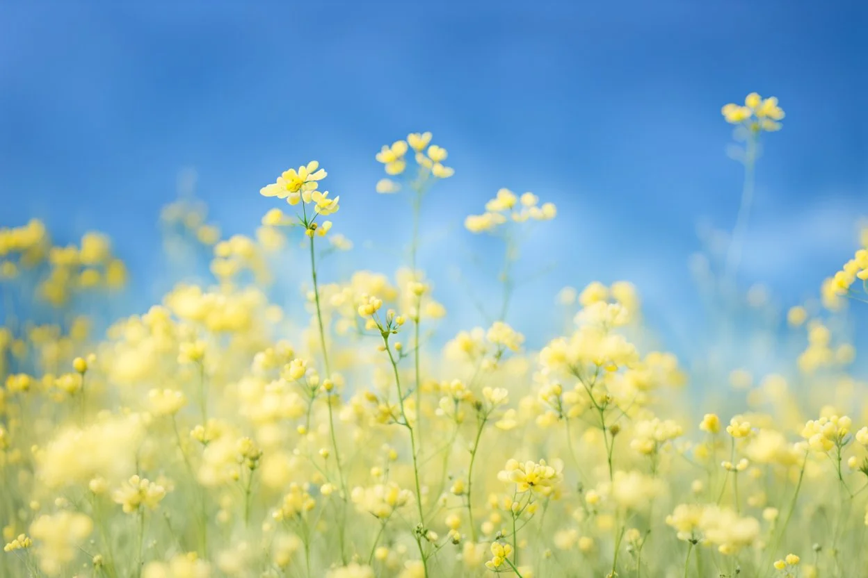 bottom is detailed canola in full bloom with side branches, top is sky, photography, darken stems compared to reference