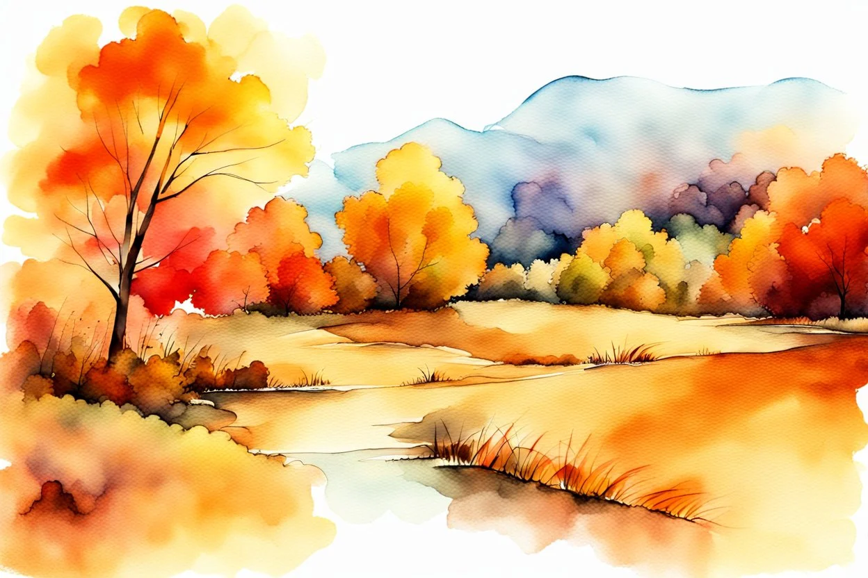 Autumn dream, beautiful landscape, rich earthy colors, watercolo