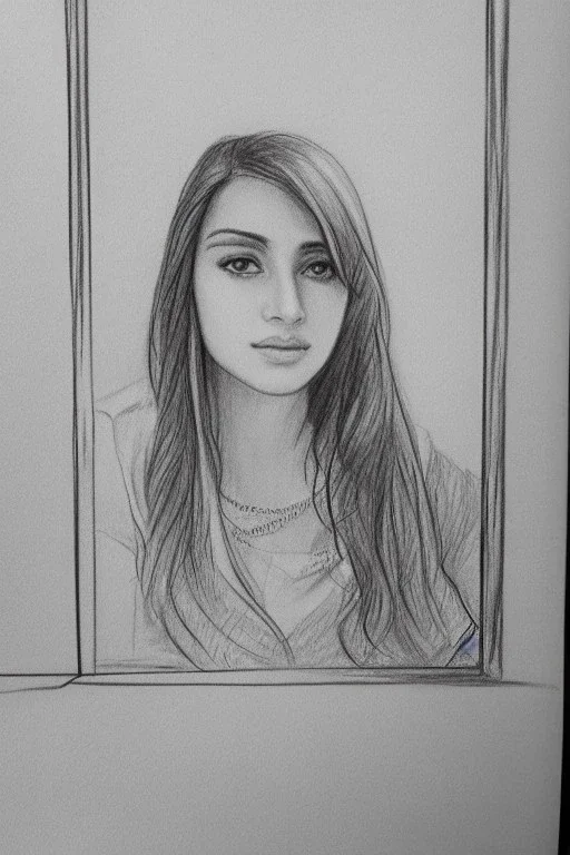 Pencil sketch of Young woman look through the window , Arab features,sad, long wavy hair, full body، on lined paper