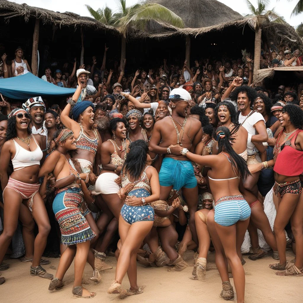 Manu Chao and the Radio Bemba Sound System dancing and singing on stage surrounded by women in undies, Perdido en el corazón De la grande Babylon (Como una raya en el mar) Me dicen el clandestino Por no llevar papel