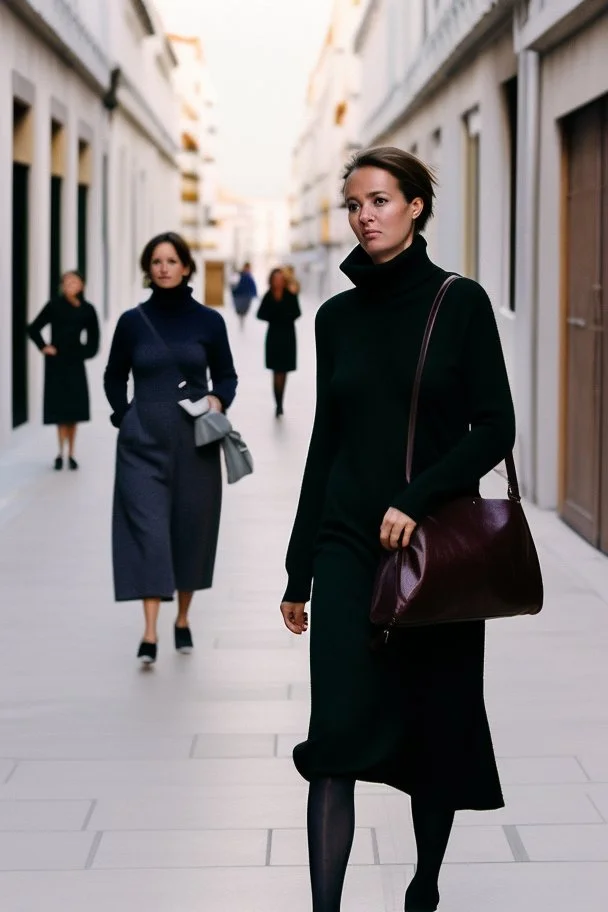 mujeres de 35 años caminando por una céntrica calle de una ciudad española, visten ropa de segunda mano, jersey de cuello alto, es la moda y es tendencia, fotografía real, de cara a la cámara