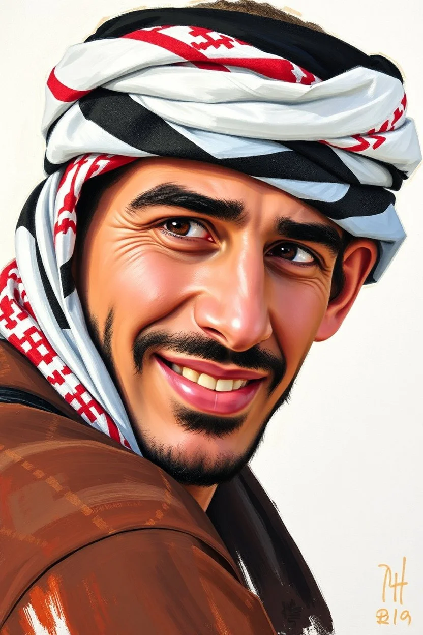 A young Palestinian man, forty years old, wearing a keffiyeh, has a beautiful face, turns his face to the right, has a slight smile, his mouth is closed and his teeth are not visible, his eyes are looking to the left, he appears to be drawn with oil paints