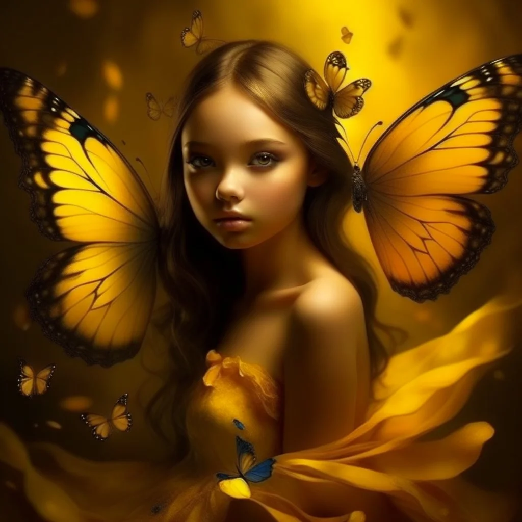 A beautiful young girl in the form of a butterfly flying in golden yellow, a wonderful fantasy scene that is attractive and eye-catching