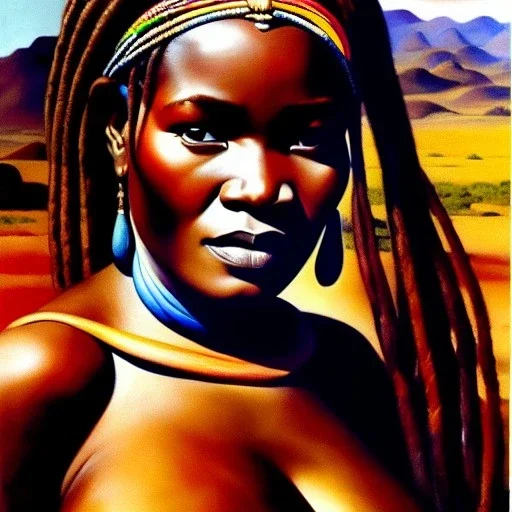 Drawing of 'woman from Himba tribe',sweet stare,painting by Earl Norem, simon Bisley,frazetta,西嘛哒, evan lee, Vallejo,kelly,Paul Gauguin oil on canvas, cinematic composition, extreme detail,fit full head inside picture,8k