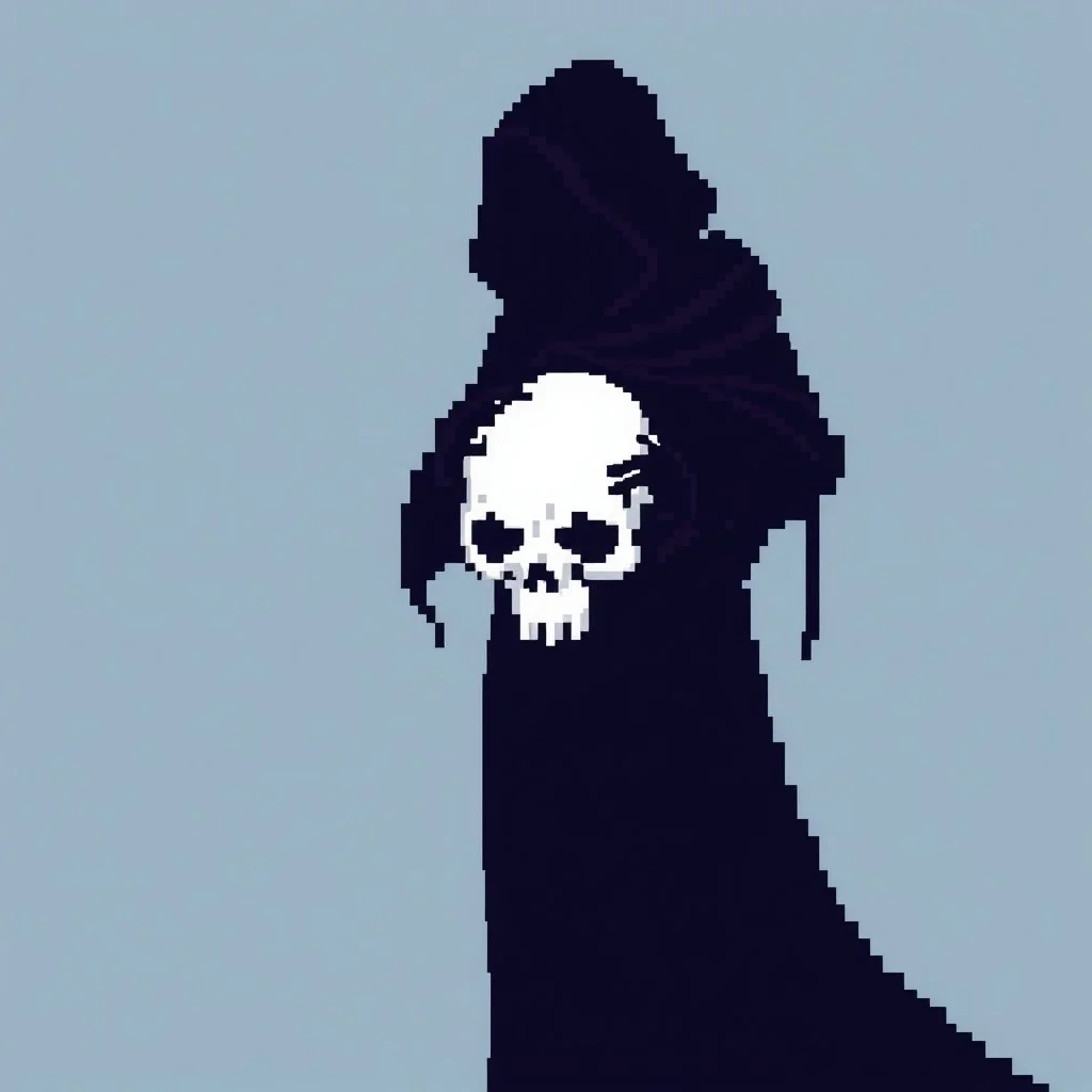 16 bit pixelart of a shadow figure with a white skull