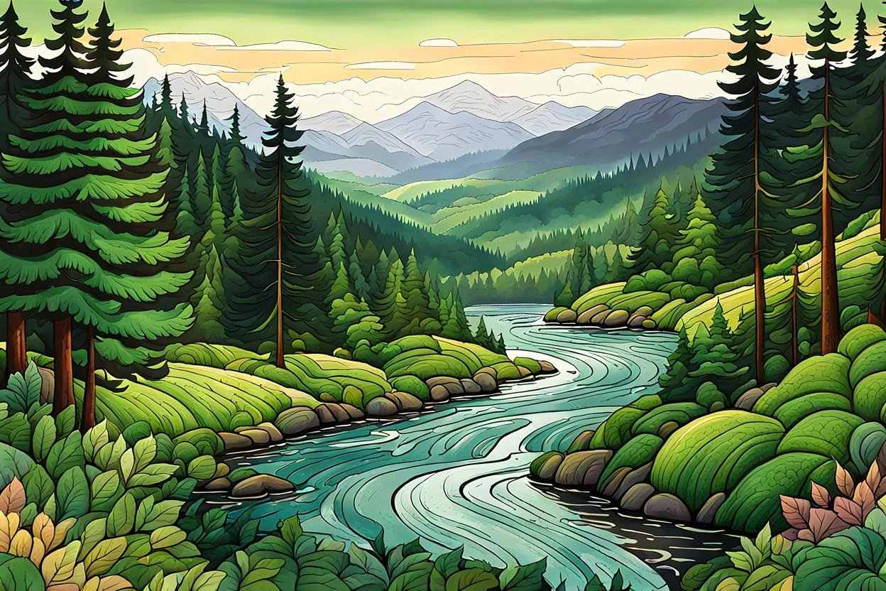 a cartoon illustration of a lush Pacific Northwest forested river valley landscape in the pale light of dawn, in the cartoon style of Lynda Barry , vibrant natural colors, , museum quality masterpiece