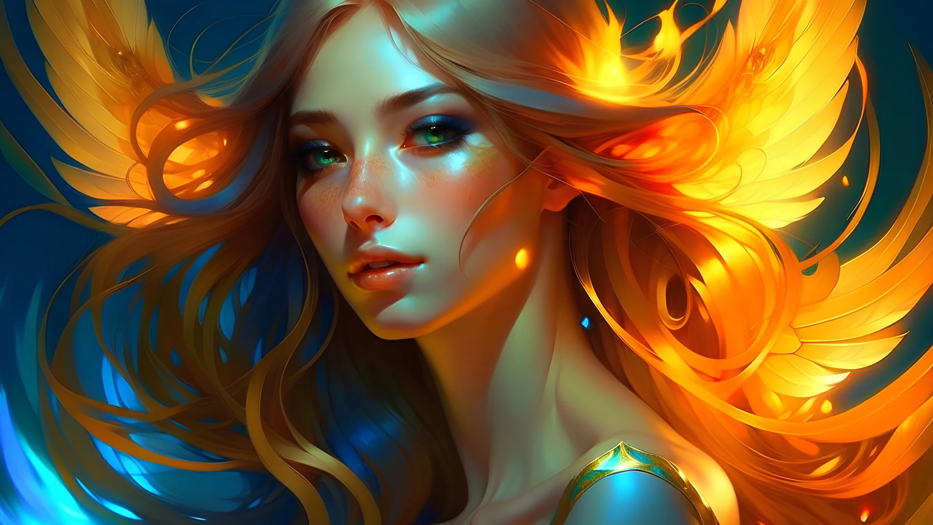 agle lady, flaming wings!!!, fantasy, bioluminiscence, flowing hair, portrait, highly detailed, digital painting, beautiful eyes!, symmetry, concept art, sharp focus, illustration, art by artgerm and greg rutkowski and magali villeneuve and ilya kuvshinov!!! : : alphonse mucha : : - 0. 5