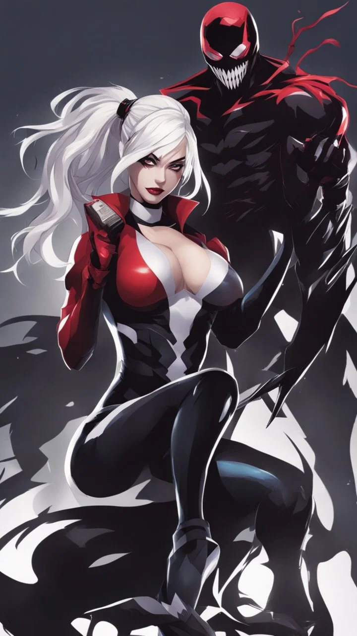 A close picture to Mix between Harley Quinn and venom symbiote with white hair in solo leveling shadow art style