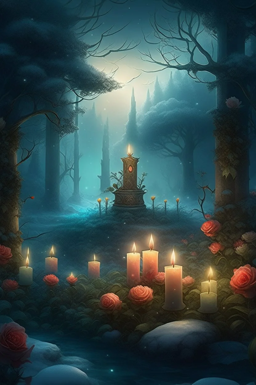 CANDLES ARE BURNING IN A WONDERFUL CLEARING IN A MAGICAL FOREST, THE NIGHT IS FULL MOON, SNOW, MAGIC Watercolor, double Chinese rose bush, ultra-detailed, morning, rain, greenery, beautiful landscape, fog, many details, delicate sensuality, realistic, high quality, 3d, work of art, hyperdetalization, filigree, foggy haze background, hyperrealism, professional, transparent, delicate pastel tones, back lighting, contrast, fantastic, unreal, translucent, glowing, clear lines, epic fabulous, fab