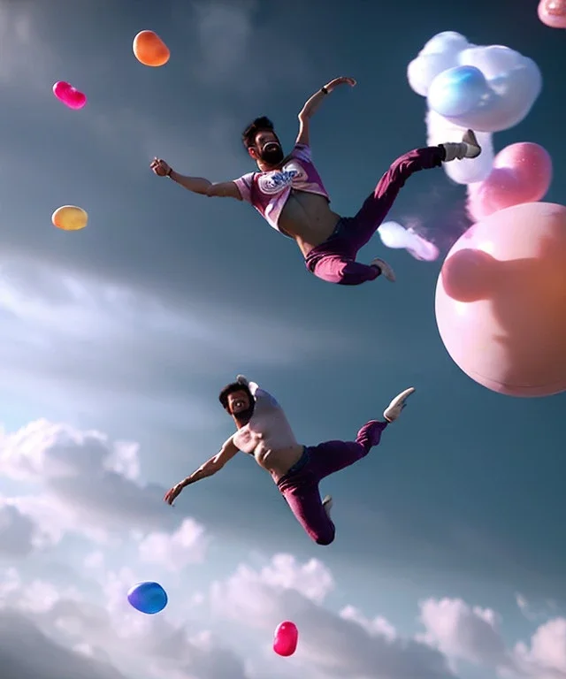 Ultra realistic speed clouds sky scene, wide angle view, sweet men falling down with many Childs, feather color clothing, free jumping flying, many trinkets, hair monster, many jelly beans, balls, color smoke, smile, happy, circus style, extreme, wind, clouds sea, 20,000 feet altitude, stratosphere, soft color, highly detailed, unreal engine 5, ray tracing, RTX, lumen lighting, ultra detail, volumetric lighting, 3d, finely drawn, high definition, high resolution.