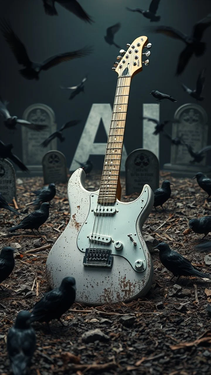 "ancient metallic white electrical guitar half buried in the graveyard ruined, surrounded by black birds runes , a background with a 3d Text of “ AI “ word dramatic spotlight, 16:9, high detail, no humans."