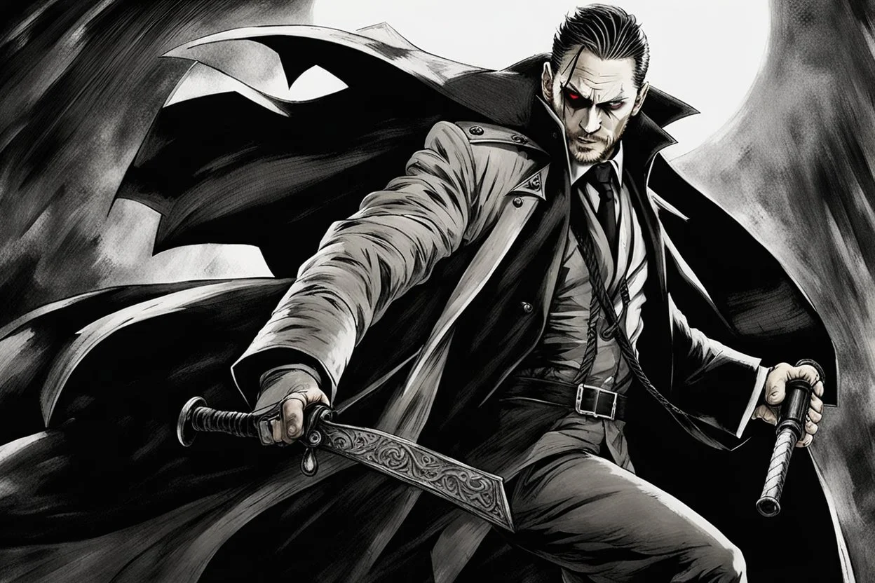 Action shot of Tom Hardy as Father Alexander Anderson from the live action "Hellsing" movie based on the anime of the same name. He is fighting Alucard (played by Tom Hiddleston).