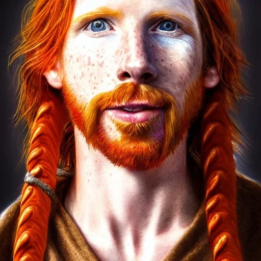 Portrait of young Courtney Gains as a ruggedly handsome, joyful, roguish pirate, charismatic, attractive male, masculine, perfect, precisely detailed clear eyes, unblemished, flawless skin, softly freckled face; meticulously detailed multi-hued ginger carrot-colored cherry fire red hair; fantasy, intricate, elegant, highly detailed, digital painting, concept art, matte, sharp focus, illustration, art by artgerm and greg rutkowski and alphonse mucha