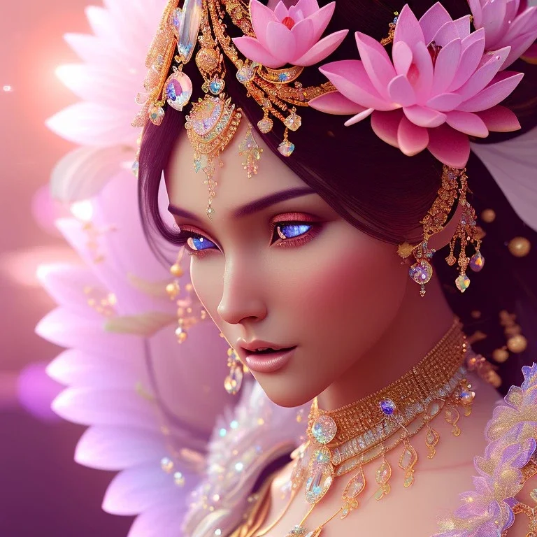 one big crystal subtle lotus iwith a beautiful fairy, delicate colors, finely tuned detail, ultra high definition, 8 k, unreal engine 5, ultra sharp focus