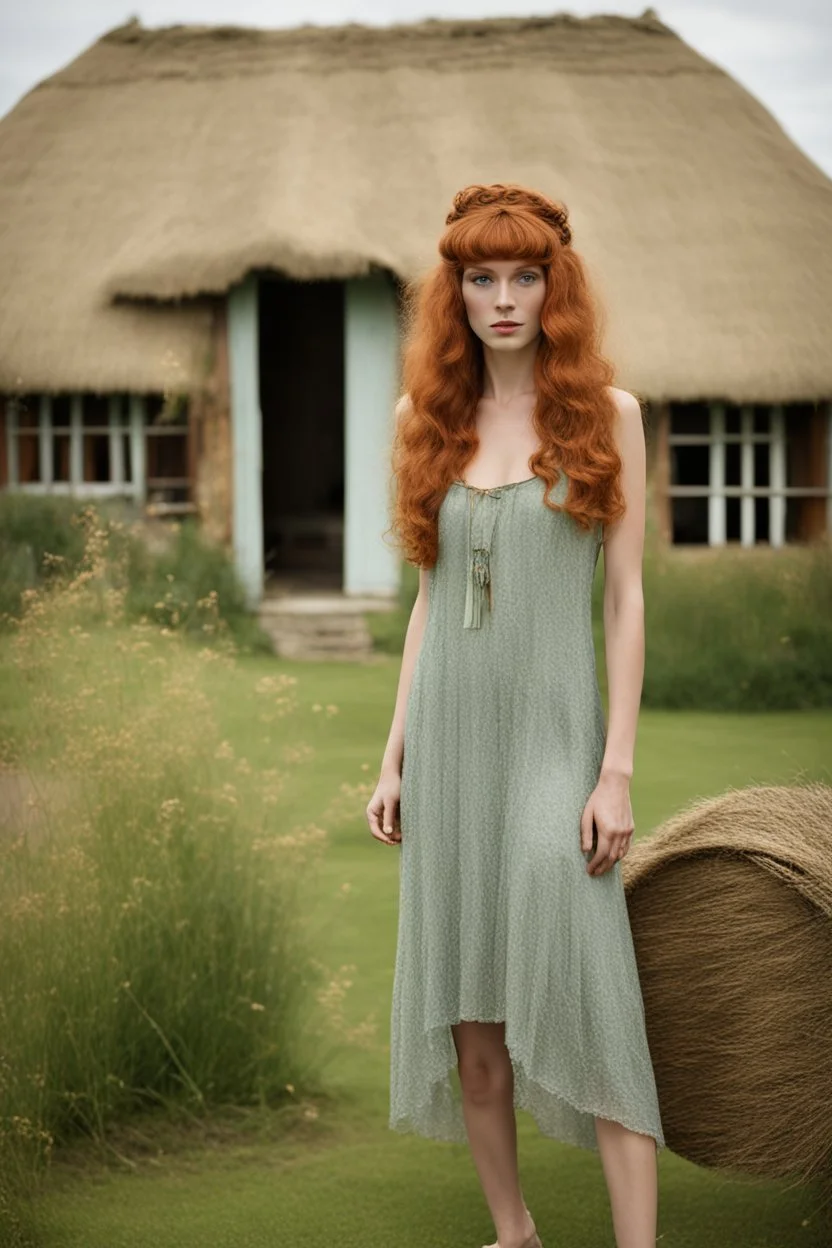 full body and headshot of a skinny Cleopatra, with long wavy ginger hair, in a floaty dress, standing on a village green, with thatched roof cottages behind