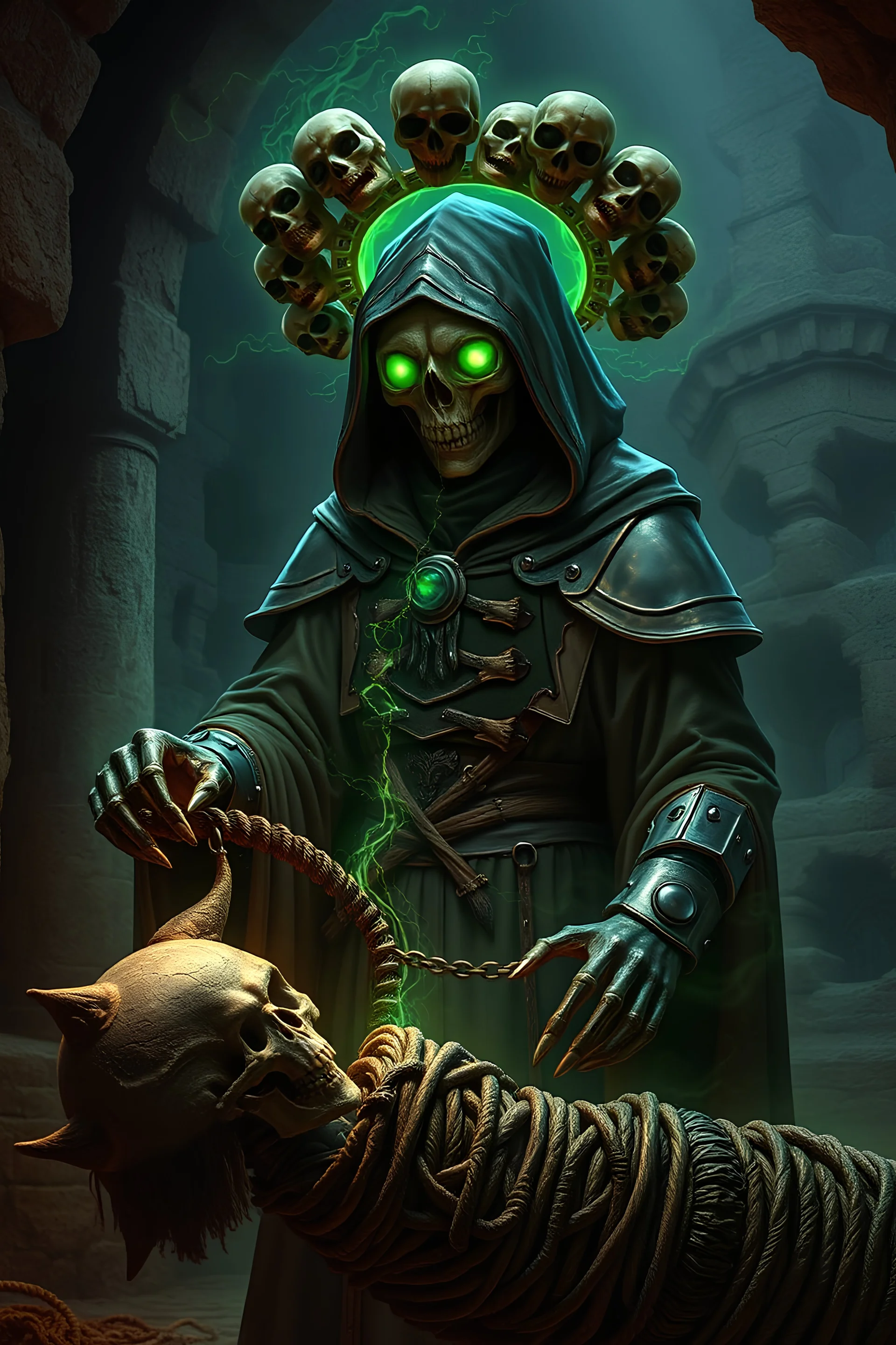 A otherworldly alien necromancer , he is dressed in a fantasy styled robe but reinforced with metal plates , his eyes are radiantly glowing in dim green energy, he has a ghostly halo made of skulls and bones, his aura has many ghostly contorted faces in it, the young necromancer is pulling a string of pure death energy from the remains of a ancient mummy, catacomb interior setting, realistic lighting, realistic details, masterpiece, vivid nightmare visuals