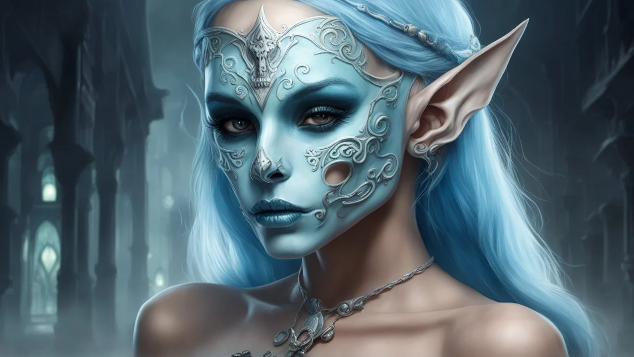 urban fantasy, woman, elf, skull mask, light-blue skin color