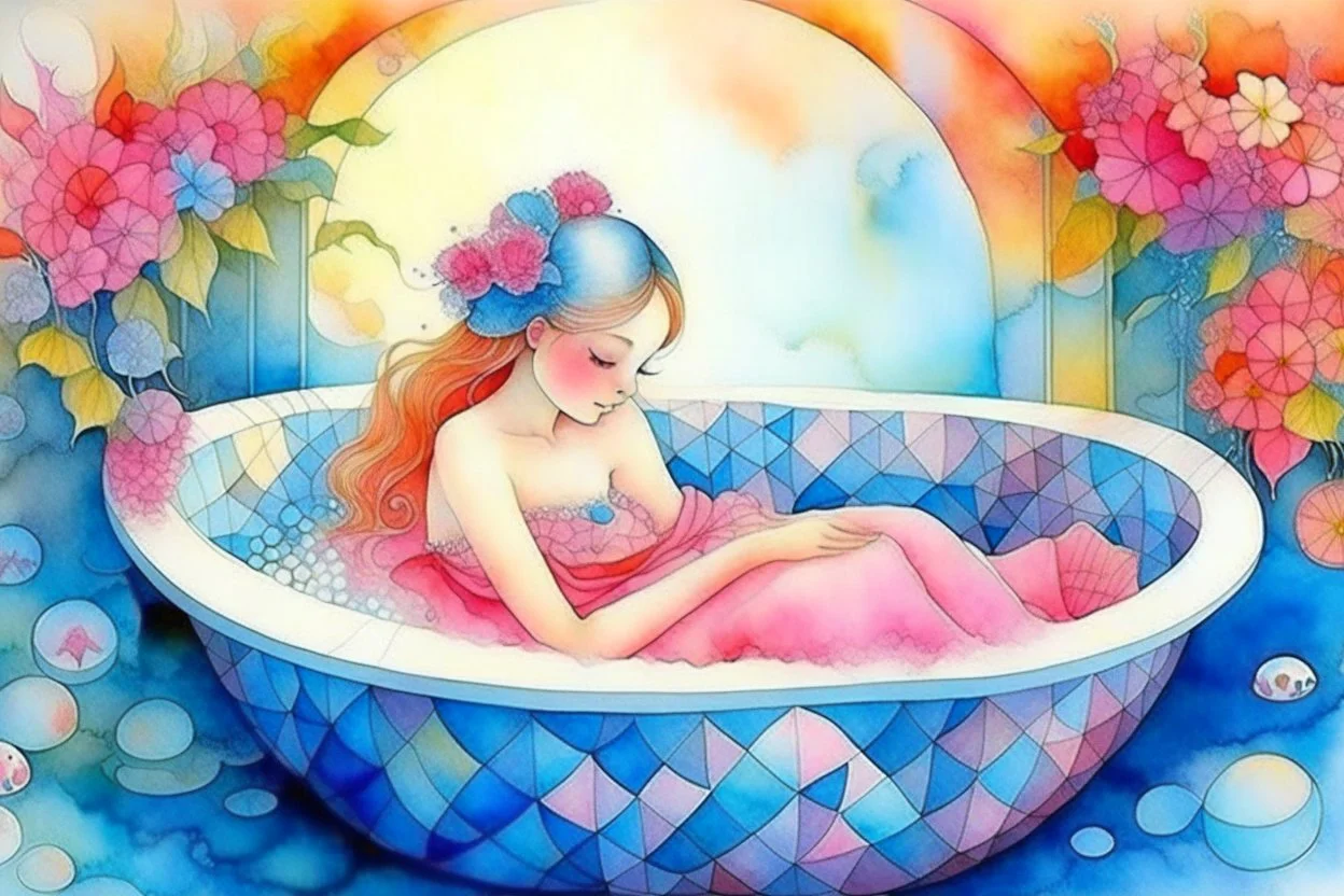 woman in bubblebath, wet on wet + sunrise, petals, watercolor patchwork by Daniel Merriam, Josephine Wall. elegant beautiful watercolor aquarelle