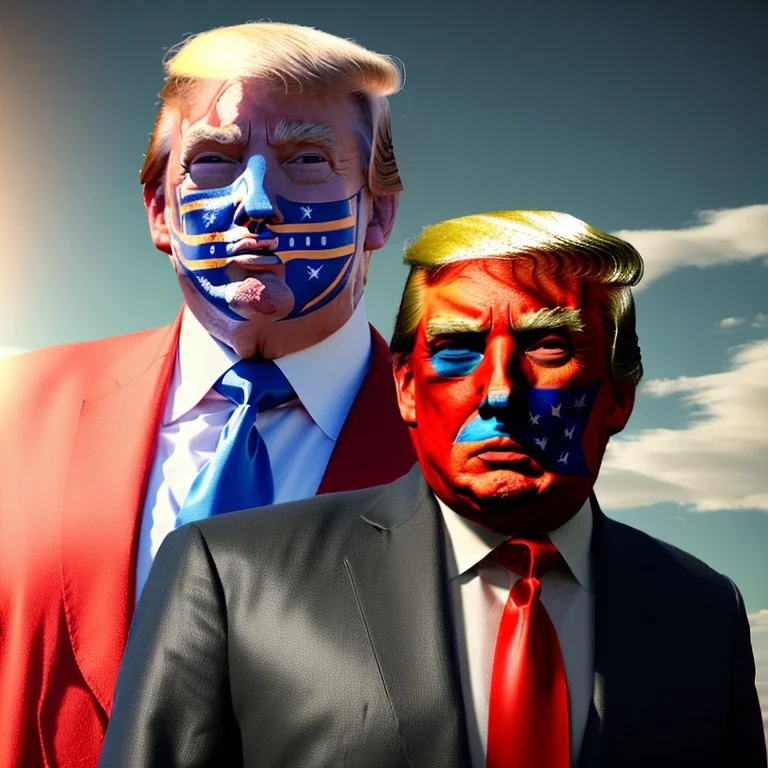 realistic image of donald trump as a mexican wrestling fighter posing outdoors, with mexican mask painted on the face, red and blue breeches, confederate flag cape, naked torso, retro style, 80s, vibrant color, highly detailed, sky background, concept art, unreal engine 5, god rays, ray tracing, RTX, lumen lighting, ultra detail, volumetric lighting, 3d, finely drawn, high definition, high resolution.