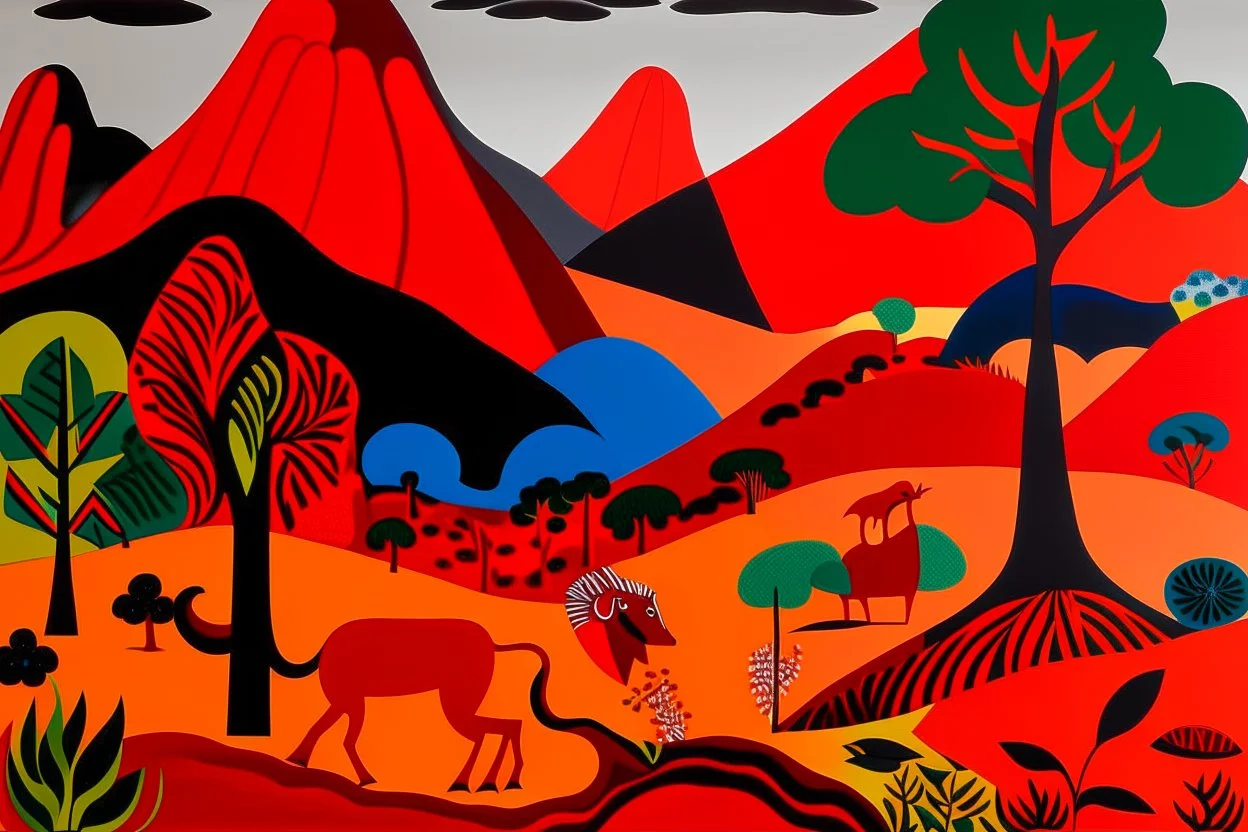 A red savanna with a mountainous rock painted by Stuart Davis