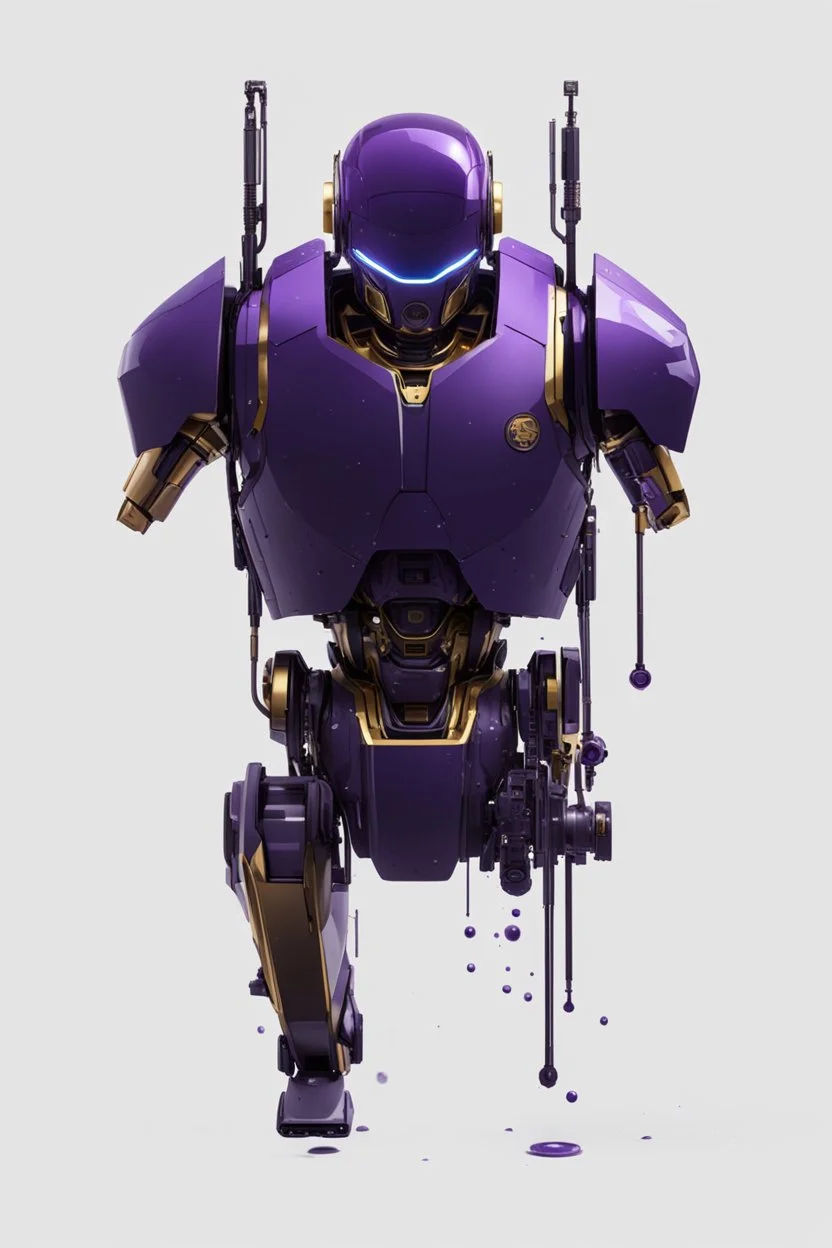 Human Like Cyborg, Royal purple and Gold, Combat Robot, Dangerous, Strong, Destroyed, Inside a Vat of Liquid