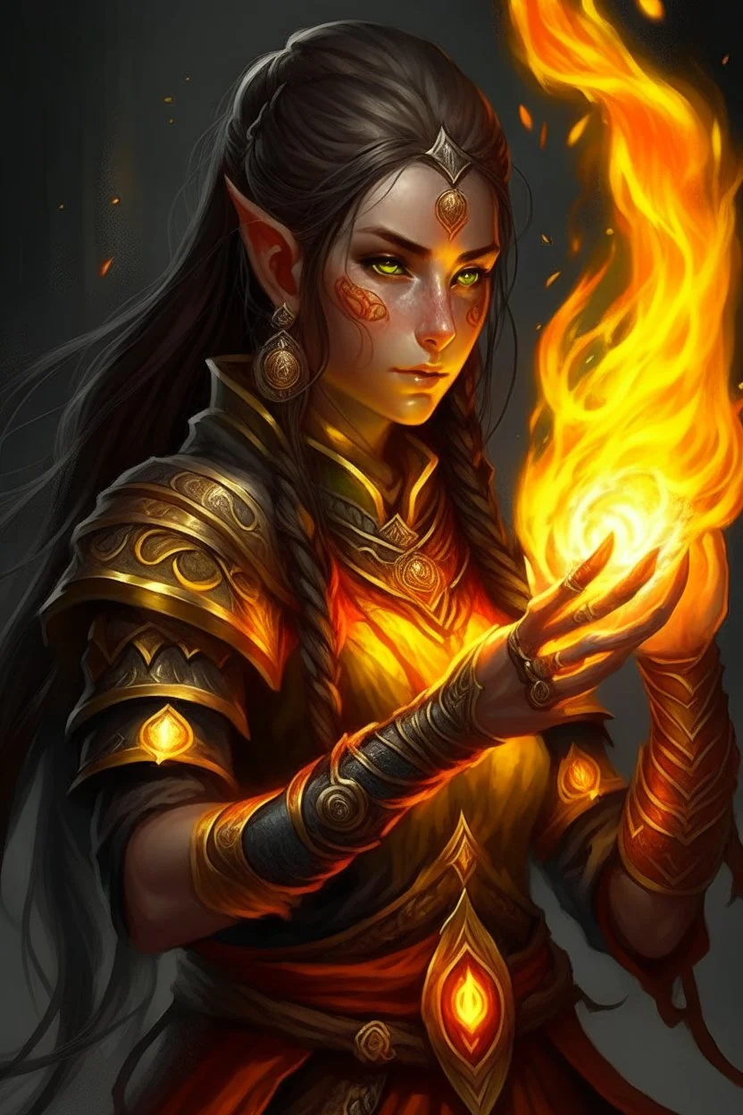 Female Paladin Druid, makes fire with hands. Hair is long and lightblack, has fire textured and half is braided. Eyes are golden yellow fire reflection