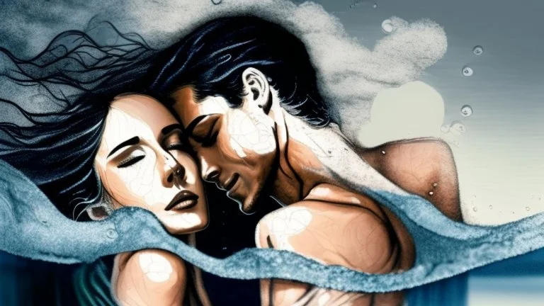 Two clothed bodies hugging each other with their bodies like water, fusing and imploding