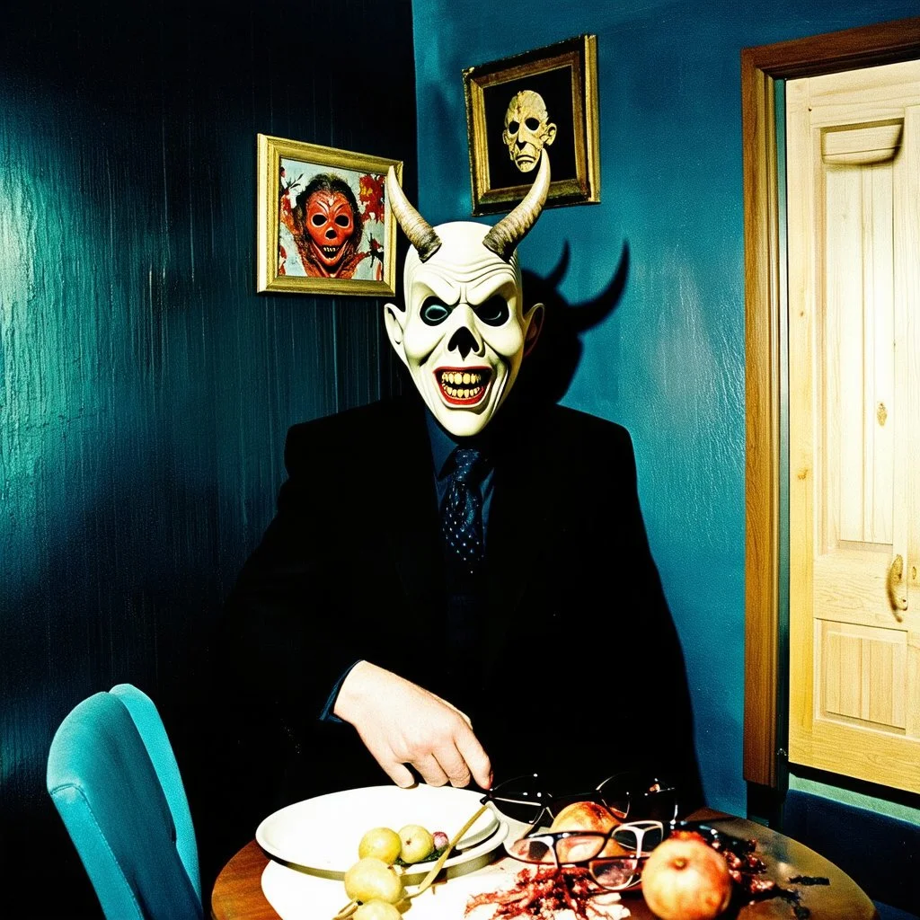 Flash photo of a room, 1980 horror movieshot, with chair, table, odd objects in background, ugly and scary mask, odd paintings hanging in the walls, rotten fruits, pair of glasses, horns, skin