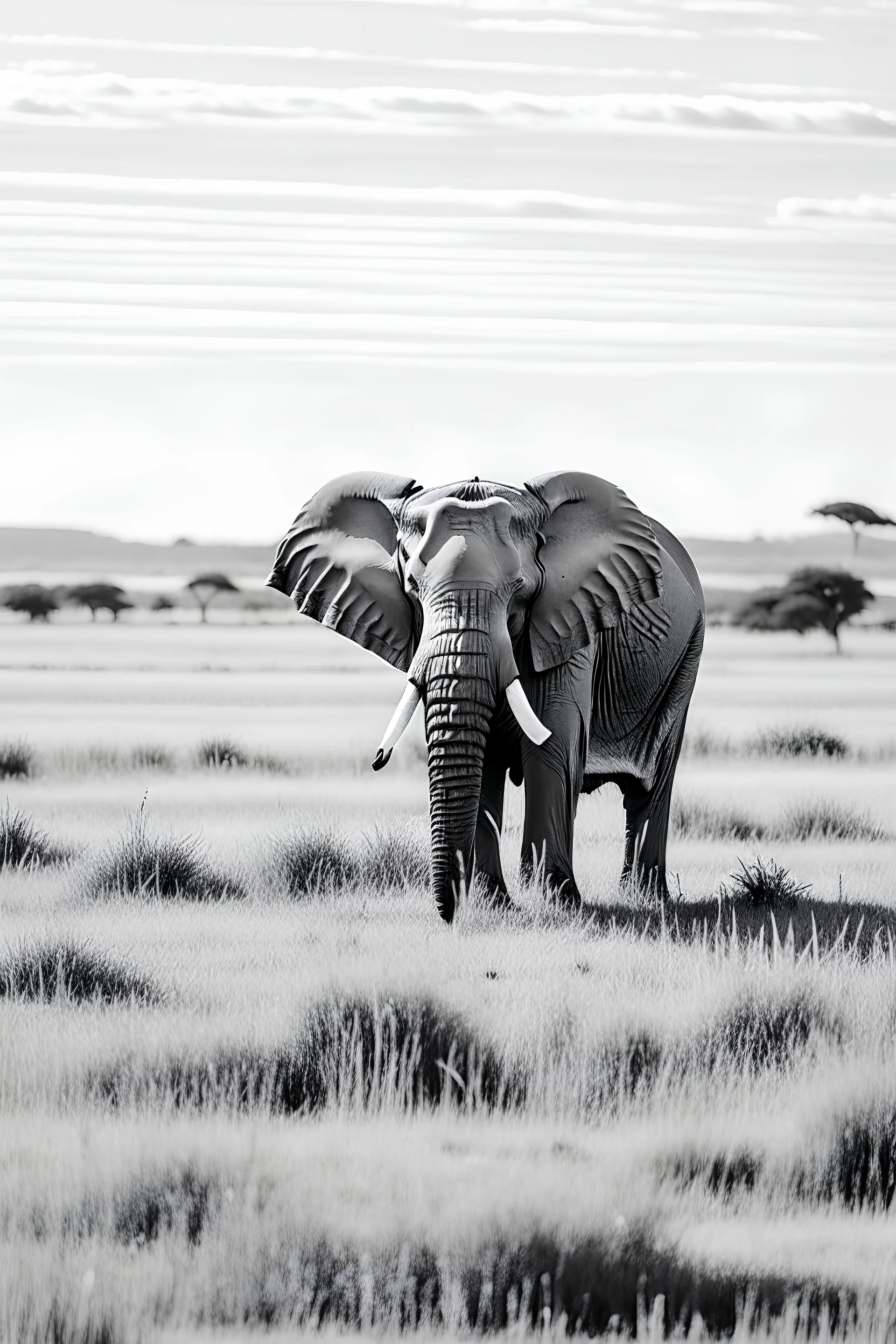 Black and white outlined elephant standing on grassland