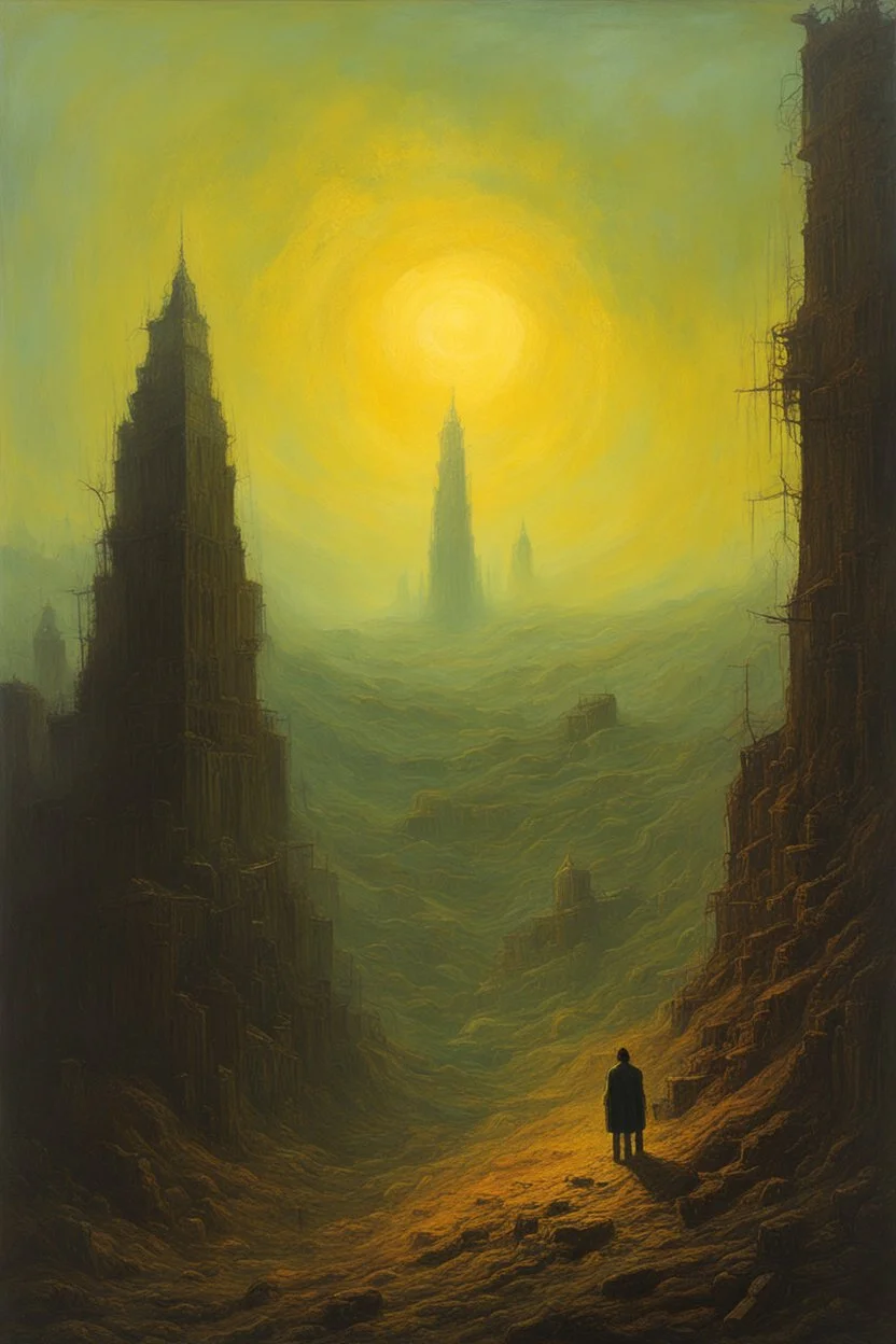 Oil painting of the misfortune visited on the helpless and innocent by the machinations of rampant corporate greed in the style of Zdzislaw Beksinski, light luminous colors and otherworldly dystopian aesthetic, decay and the grim struggle for life