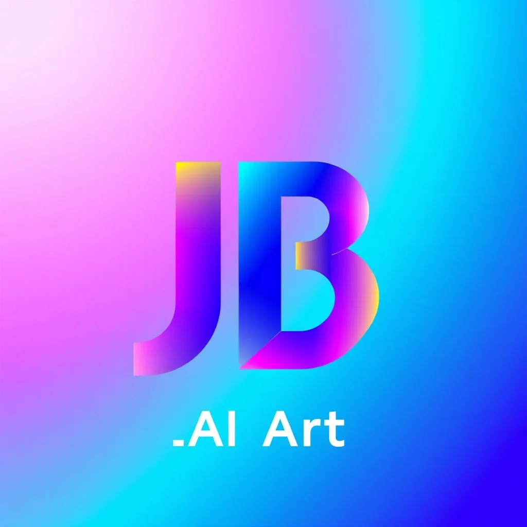 A bold, vibrant, and visually striking color graphic logo for 'JB AI Art' - an innovative AI-powered art and 3D graphics studio. The logo should feature a dynamic, eye-catching visual that combines the initials 'JB' in an abstract, stylized form. Utilize a vibrant, gradient color palette that seamlessly transitions between shades of blue, purple, and teal - evoking a sense of technological sophistication, creativity, and the boundless potential of AI-driven art and design. Incorporate geometric