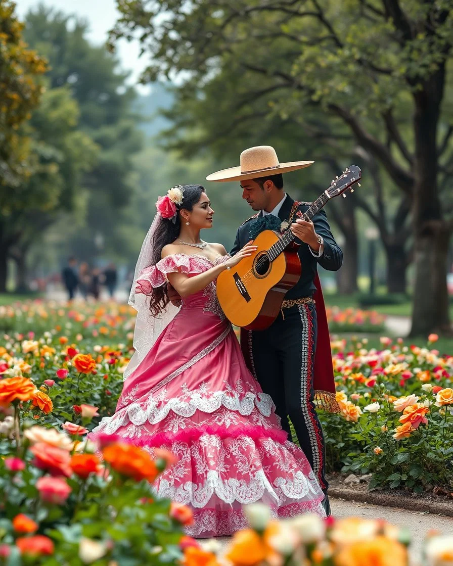 Mexican Beautiful Princess Romantic dancing mariachi with handsome prince in Park city ,Mariachi musician group, flower beds, fractal ornamentation, over detailed, gloriously full and confusing, nothing that really exists, everything made up, fantasy world, sweet briar, photography graphic art, song birds, ochre rose, rose buds, dewy morning, forest of oaks,