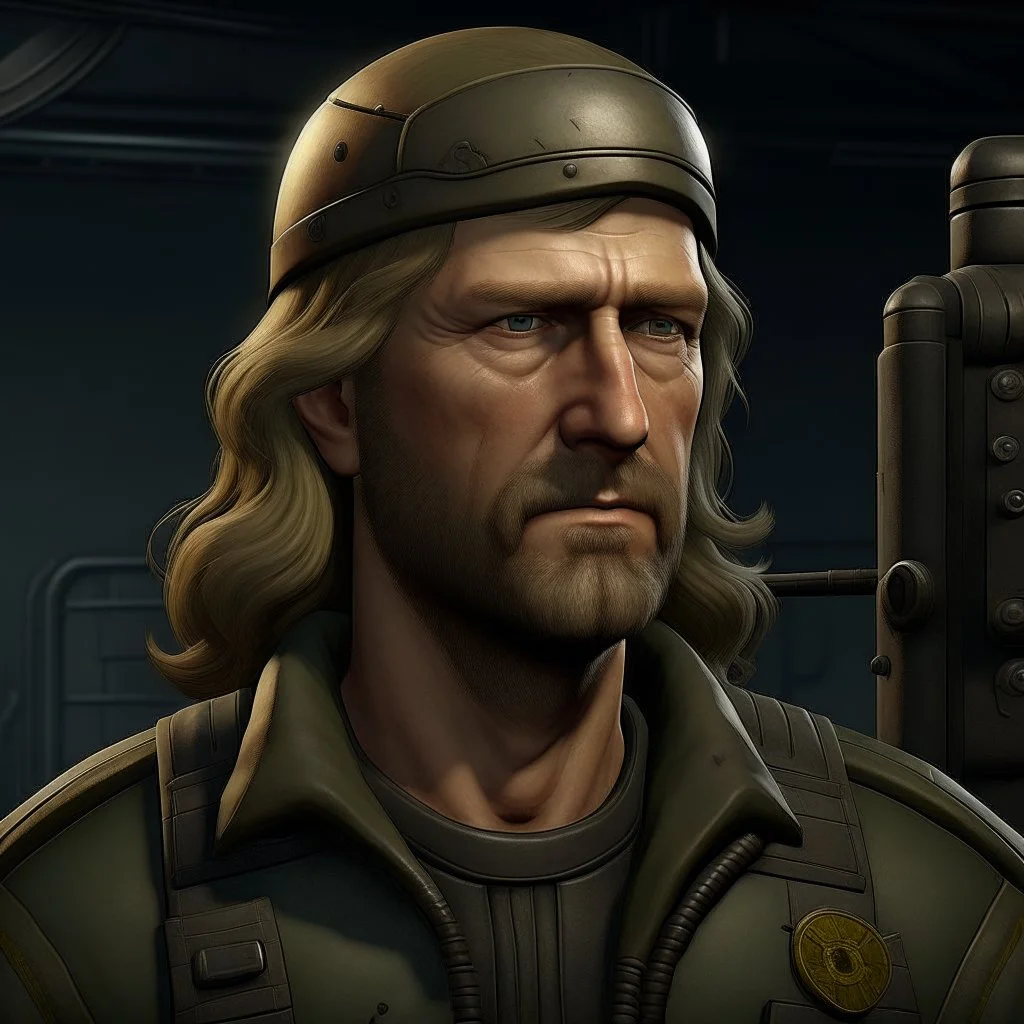 The submarine mechanic Blicke Blocknyckel, a blonde man with a mullet and muttonchops beard realistic grimdark