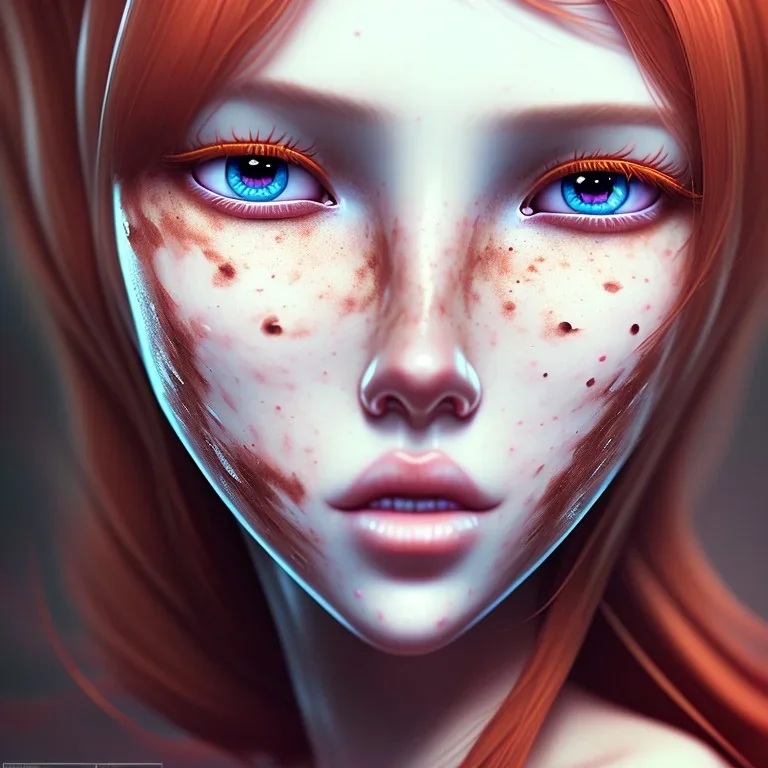 redhead girl, asian eyes, freckles, brown eyes, pink eye makeup, big pores, ultra detailed portrait