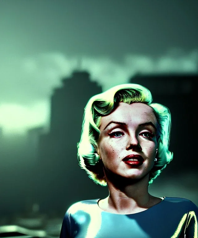 Ultra Realistic retro sci-fi 1960 scene, waist up view portrait, blonde woman, sweet young Marilyn Monroe face, perfect iris, tight latex coat, Strange planet background, Retro sci-fi style glass helmet, fog, rain, soft color, highly detailed, unreal engine 5, ray tracing, RTX, lumen lighting, ultra detail, volumetric lighting, 3d, finely drawn, high definition, high resolution.