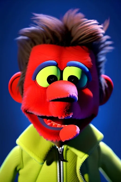 Waist up muppet Portrait, Nicolas maduro us muppet doll, tracksuit red blue and yellow, mustache, photo studio, red background, unreal engine 5, concept art, art station, ray tracing, lumen lighting, ultra detail, volumetric lighting, 3d.