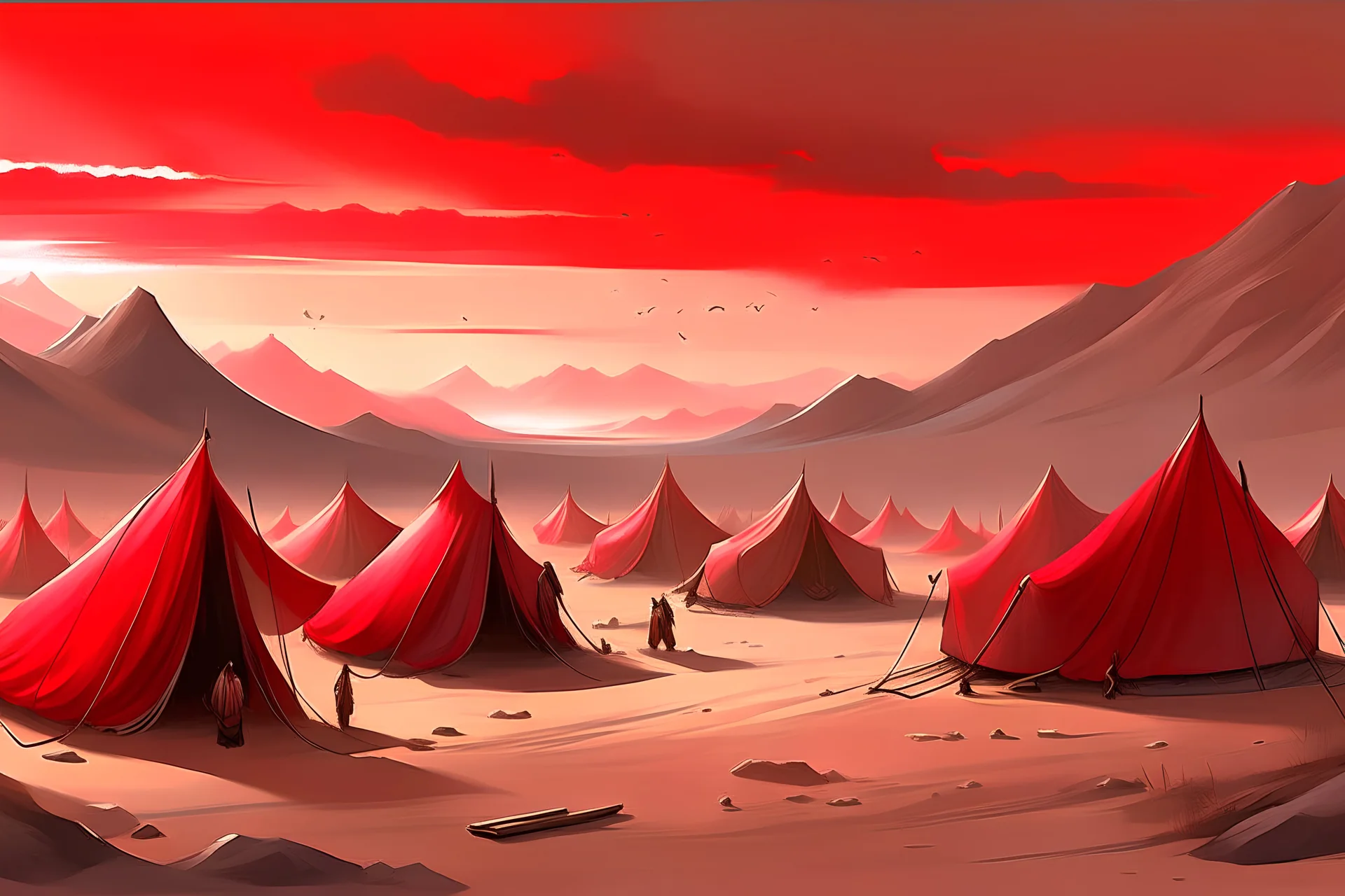 painting, landscape, artistic, illustration, black desert, black sand, bleak, pale red sky, large bustling camp, tigtly packed leather tents, vereshagin style