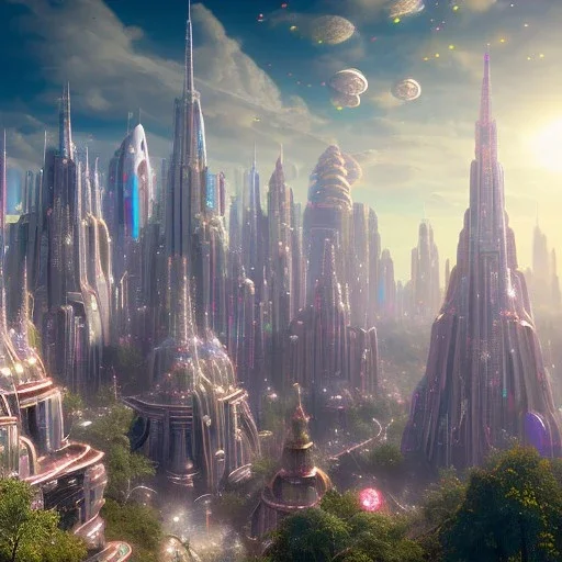 futuristic city with astroport and transparent bridges, galactic landsacape with multicolored crystals falling from the sky, full of details, smooth, bright sunshine，soft light atmosphere, light effect，vaporwave colorful, concept art, smooth, extremely sharp detail, finely tuned detail, ultra high definition, 8 k, unreal engine 5, ultra sharp focus