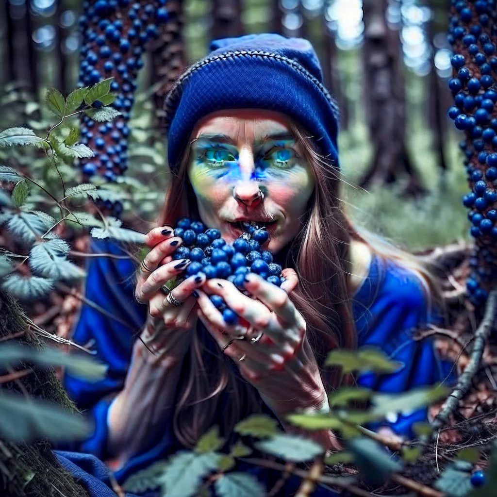 woman in the forest picking and eating blueberries and her mouth and hands are covered with blueberries, woman is stylish