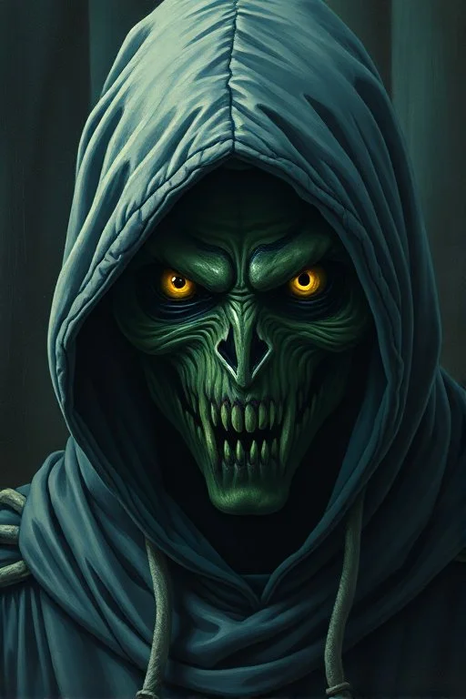 Swamp Thing, hooded character, ominous, facepaint, waist up portrait, intricate, oil on canvas, masterpiece, expert, insanely detailed, 4k resolution, retroanime style, cute big circular reflective eyes, cinematic smooth, intricate detail , soft smooth lighting, soft pastel colors, painted Renaissance stylestyle