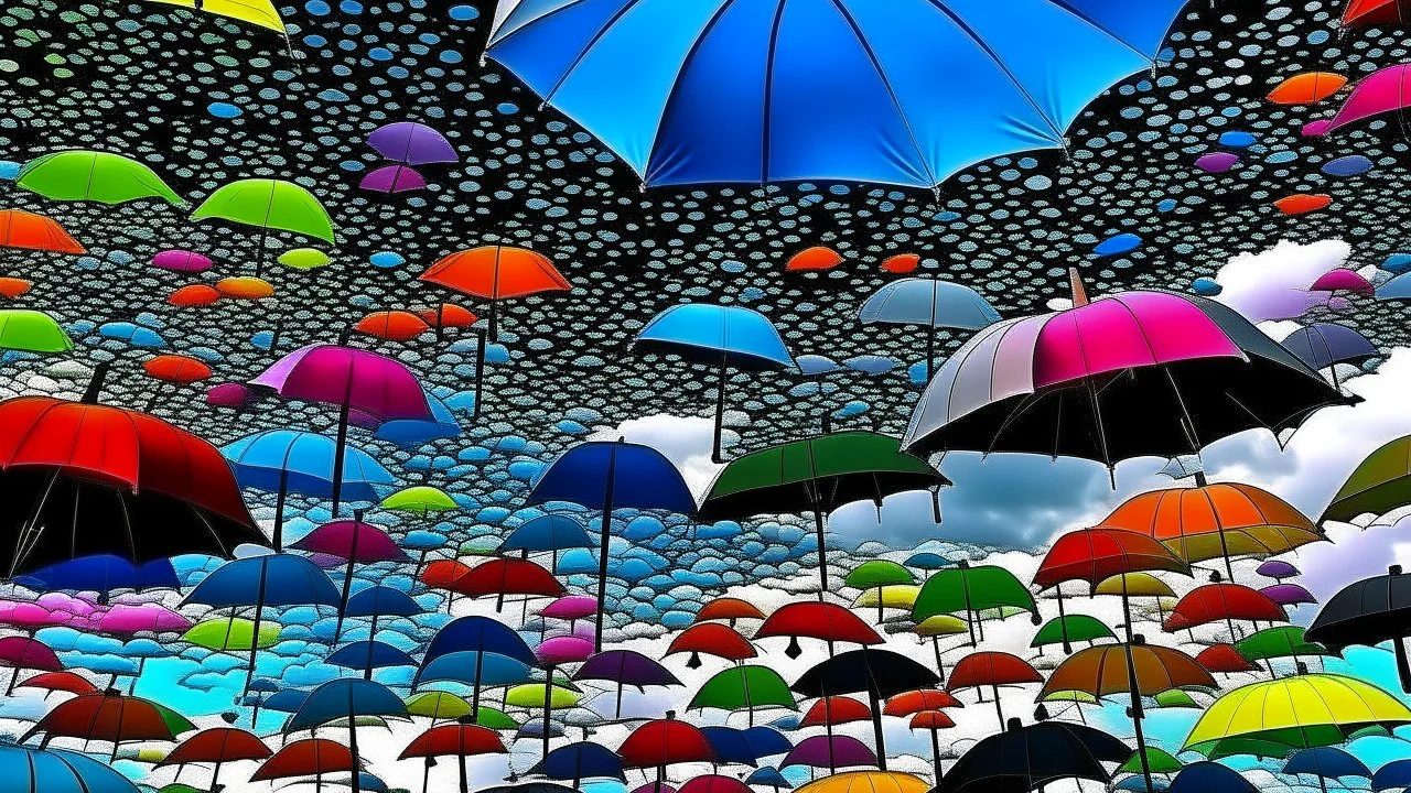 Cloudy sky. It's raining. The sky is fully filled with so many umbrellas of diverse colors.