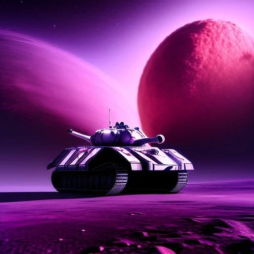 Alien tank rolling over a crater, purple sky