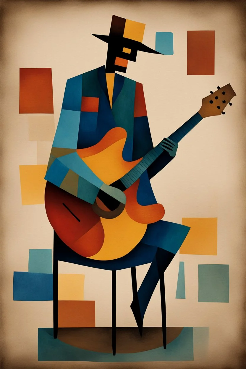 a jazz guitar player sitting on a stool in the style of Paul Klee