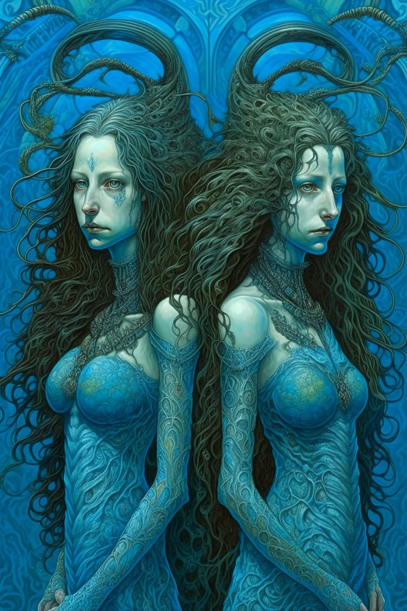 A beautiful two twin girls with a colorful peacock curly long hair , full body’s , front view . decayed and rotting with grotesque proportions and imagery. grotesqueries, detailed texture, surreal horror, biomechanical design, by hr giger and beksinski , on blue color