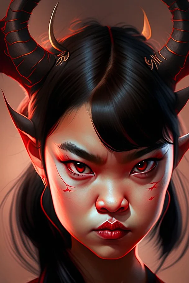 Beautiful devil asian girl with devil horns on her head, with brown eyes, detailed, looking at the camera, princess