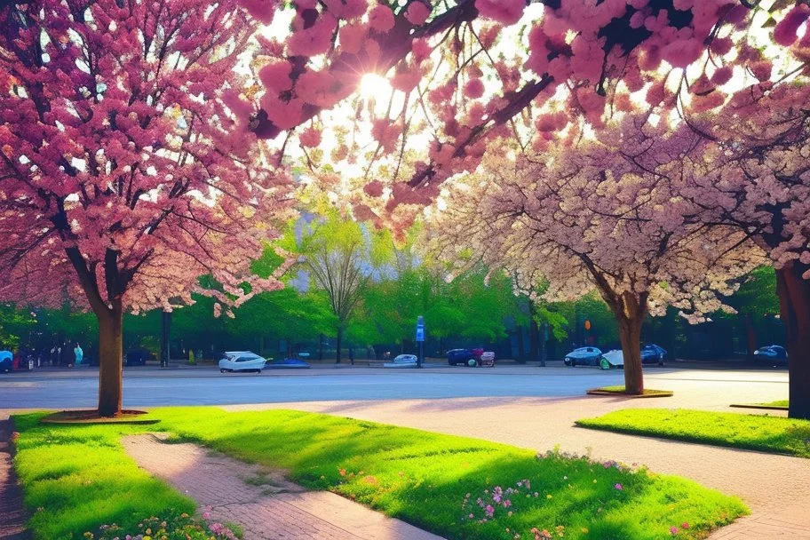 city, flowers, trees, sunny day, spring