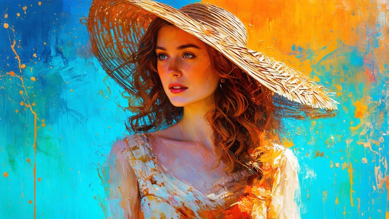 Vintage art, brown and orange shades, sunny day, straw hat for woman, summer dress, splashes of art, in the style of Dante Gabriel Rossetti, Yossi Kotler, Camilla D'Errico, masterpiece, fine art in the style of Carne Griffiths, Paula Hoppe
